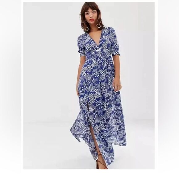 &Other Stories Cotton Blend Coffee Bean Blue Floral Maxi Dress size 0 - Picture 4 of 10